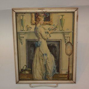 Antique Vintage Print Wood Frame Woman & Fireplace